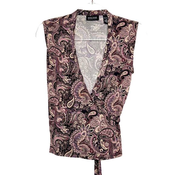 NEW YORK & CO Paisley Sleeveless Wrap Blouse V-Neck Collared Purple Multi Size M - Picture 3 of 8